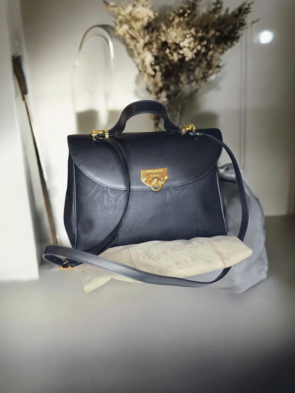 Nina Ricci Paris Black  Top-Handle Satchel with Gold Hardware